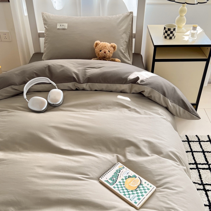 91家纺网 家纺一手货源 找家纺 眠博士 2025新款全棉纯棉40支双拼纯色四件套-学生款 全棉拼色-杏色+春泥