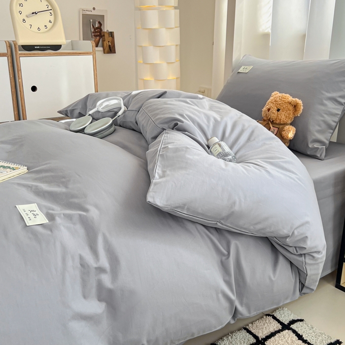 91家纺网 家纺一手货源 找家纺 眠博士 2025新款全棉纯棉40支双拼纯色四件套-学生款 全棉拼色-银灰色
