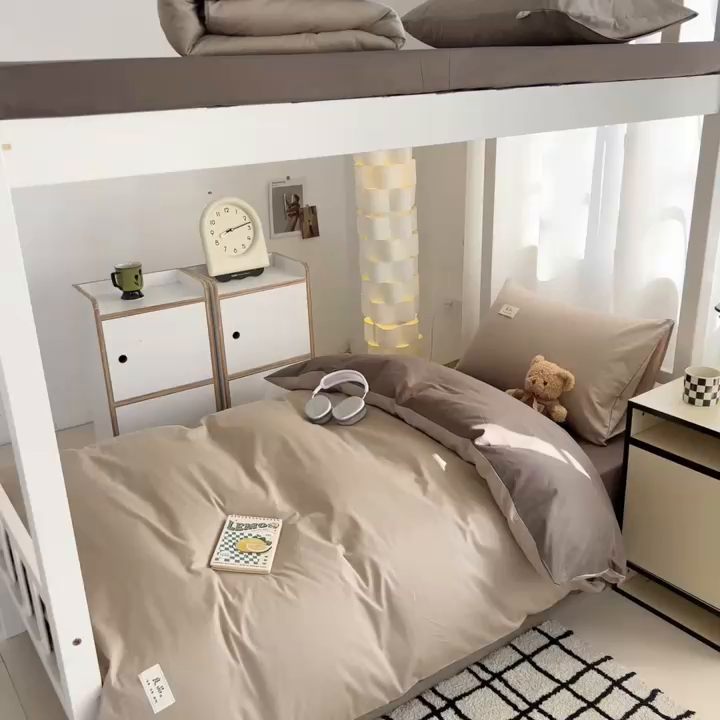 91家纺网 家纺一手货源 找家纺 眠博士 2025新款全棉纯棉40支双拼纯色四件套-学生款 全棉拼色-杏色+春泥