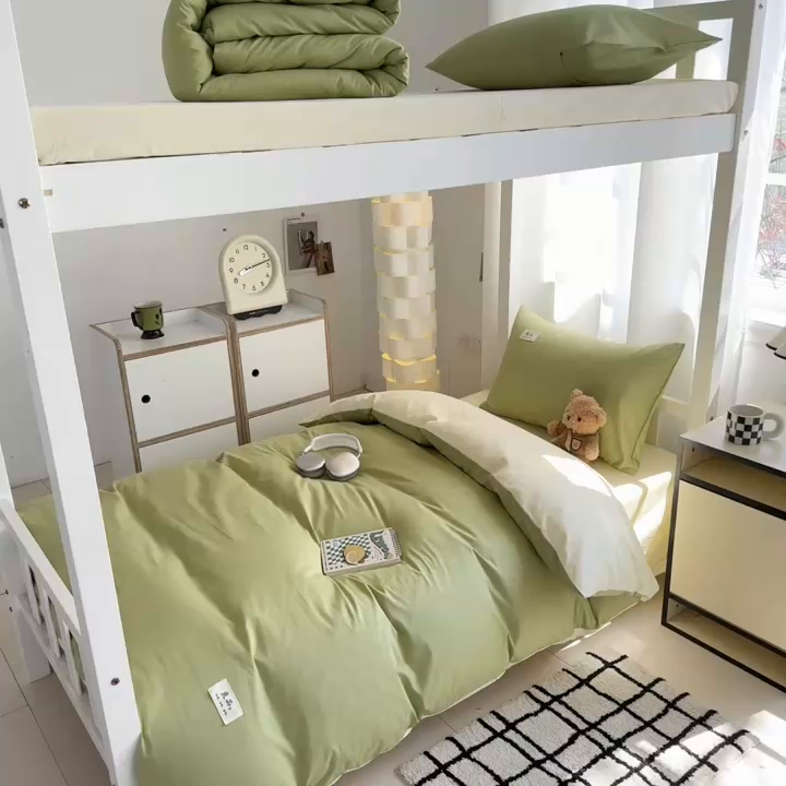 91家纺网 家纺一手货源 找家纺 眠博士 2025新款全棉纯棉40支双拼纯色四件套-学生款 全棉拼色-浅绿+浅黄