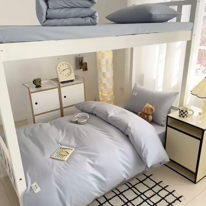 91家纺网 家纺一手货源 找家纺 眠博士 2025新款全棉纯棉40支双拼纯色四件套-学生款 全棉拼色-浅蓝色