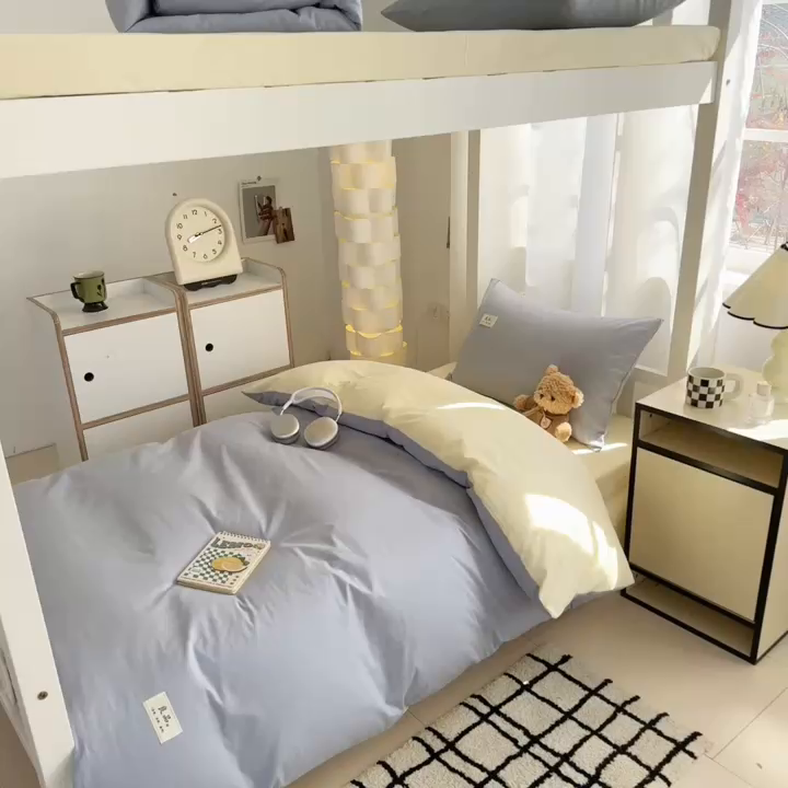 91家纺网 家纺一手货源 找家纺 眠博士 2025新款全棉纯棉40支双拼纯色四件套-学生款 全棉拼色-浅蓝+浅黄