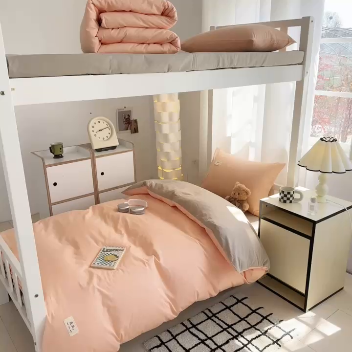 91家纺网 家纺一手货源 找家纺 眠博士 2025新款全棉纯棉40支双拼纯色四件套-学生款 全棉拼色-橘色+杏色