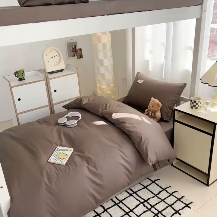 91家纺网 家纺一手货源 找家纺 眠博士 2025新款全棉纯棉40支双拼纯色四件套-学生款 全棉拼色-春泥色