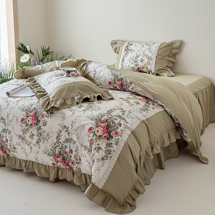 91家纺网 家纺一手货源 找家纺 （总）花香四季2025新款法式床裙棉布花边款 四件套