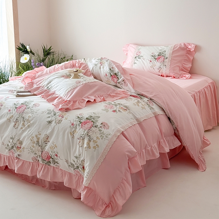 91家纺网 家纺一手货源 找家纺 （总）花香四季2025新款法式床裙棉布花边款 四件套