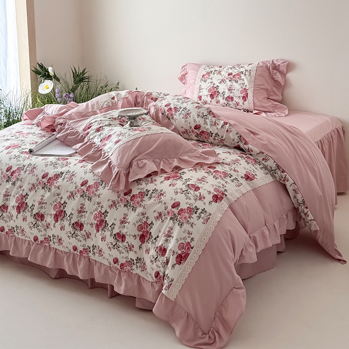 91家纺网 家纺一手货源 找家纺 （总）花香四季2025新款法式床裙棉布花边款 四件套