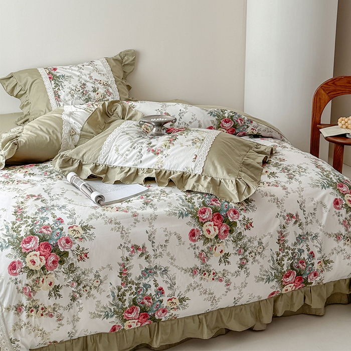 91家纺网 家纺一手货源 找家纺 （总）花香四季2025新款法式床裙棉布花边款 四件套