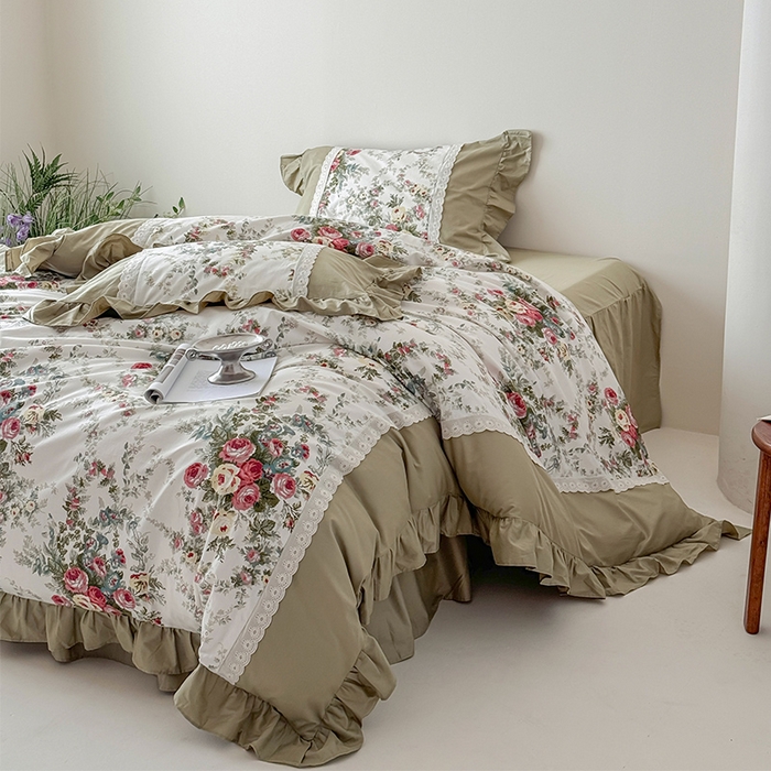 91家纺网 家纺一手货源 找家纺 （总）花香四季2025新款法式床裙棉布花边款 四件套