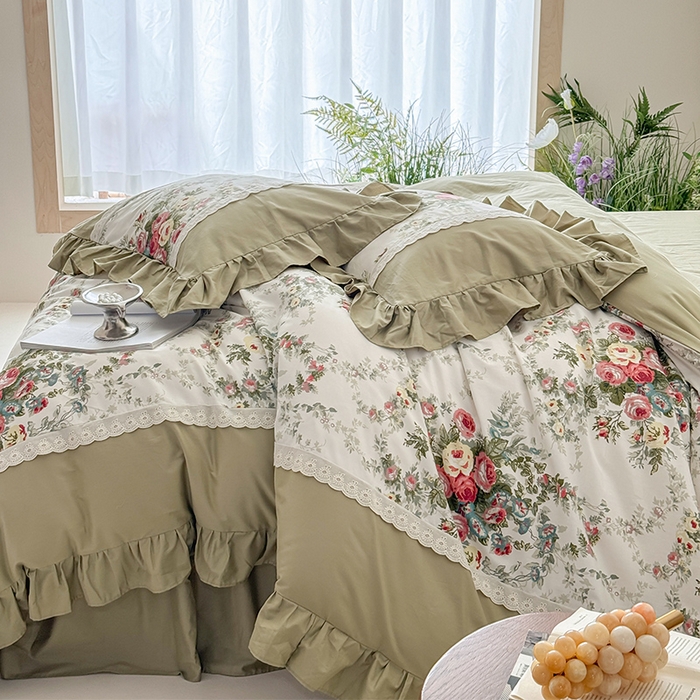 91家纺网 家纺一手货源 找家纺 （总）花香四季2025新款法式床裙棉布花边款 四件套