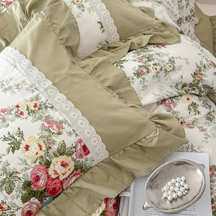 91家纺网 家纺一手货源 找家纺 （总）花香四季2025新款法式床裙棉布花边款 四件套