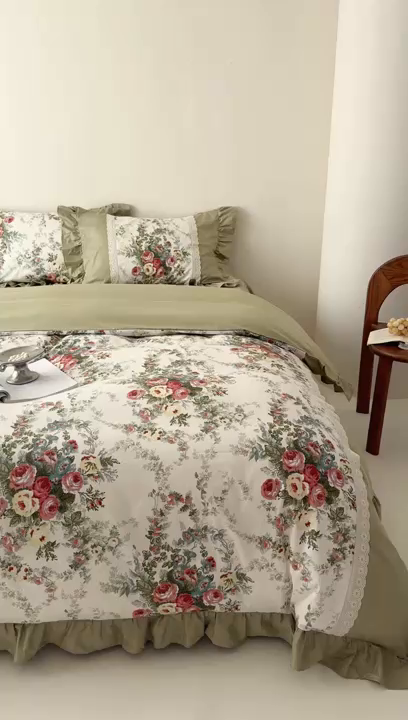 91家纺网 家纺一手货源 找家纺 （总）花香四季2025新款法式床裙棉布花边款 四件套