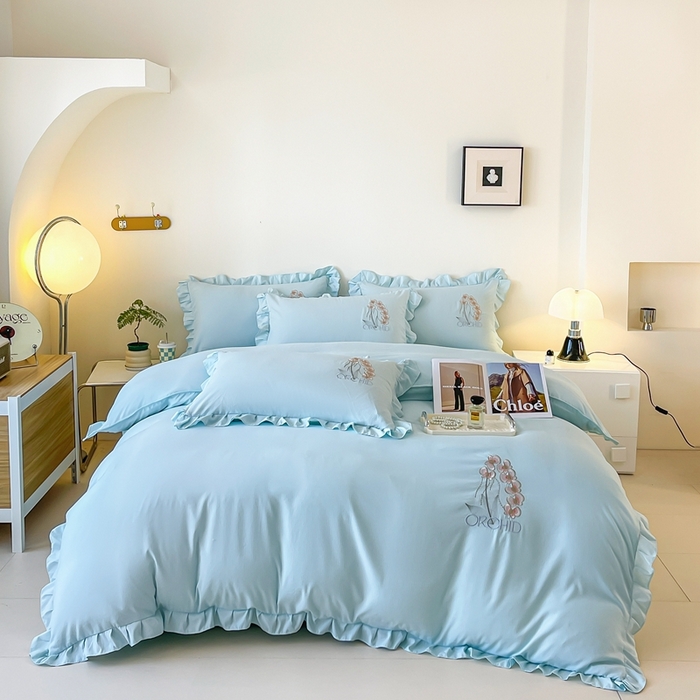 91家纺网 家纺一手货源 找家纺 梓之赫2025新款竹纤棉绣花四件套 绽放-天兰