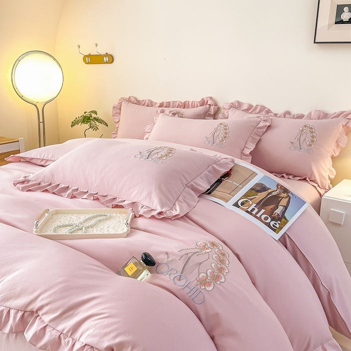 梓之赫2025新款竹纤棉绣花四件套 绽放-樱花粉