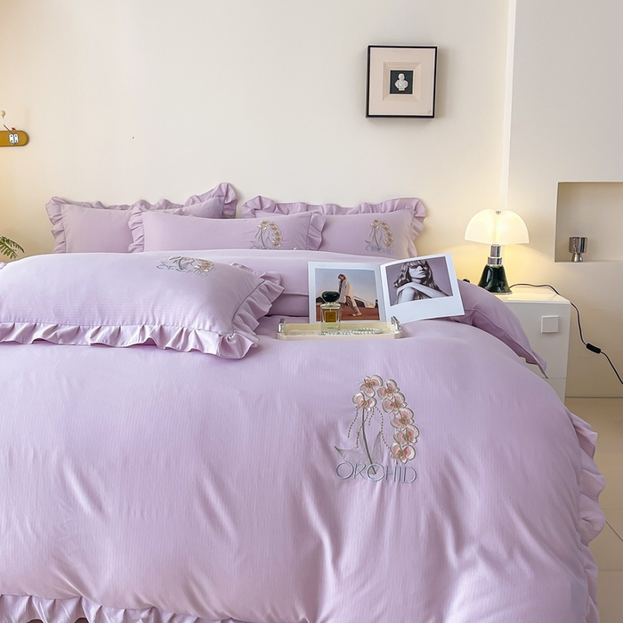 91家纺网 家纺一手货源 找家纺 梓之赫2025新款竹纤棉绣花四件套 绽放-紫色