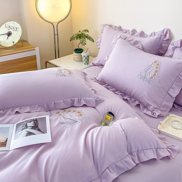 91家纺网 家纺一手货源 找家纺 梓之赫2025新款竹纤棉绣花四件套 绽放-紫色