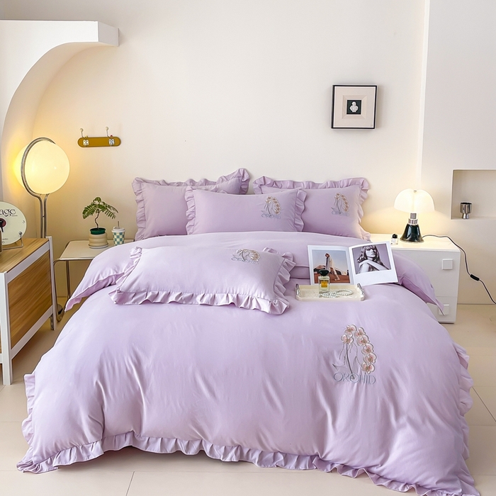 91家纺网 家纺一手货源 找家纺 梓之赫2025新款竹纤棉绣花四件套 绽放-紫色