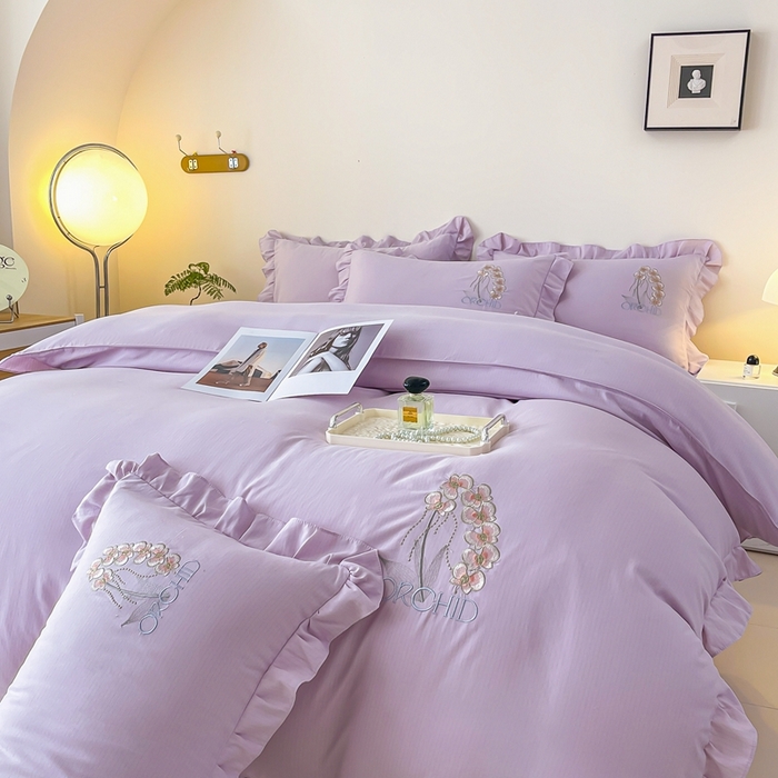 91家纺网 家纺一手货源 找家纺 梓之赫2025新款竹纤棉绣花四件套 绽放-紫色