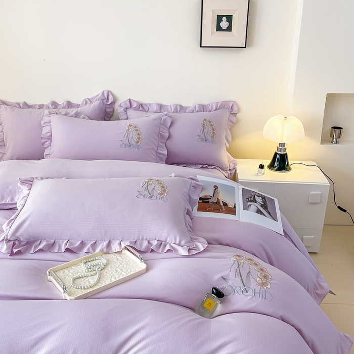 91家纺网 家纺一手货源 找家纺 梓之赫2025新款竹纤棉绣花四件套 绽放-紫色