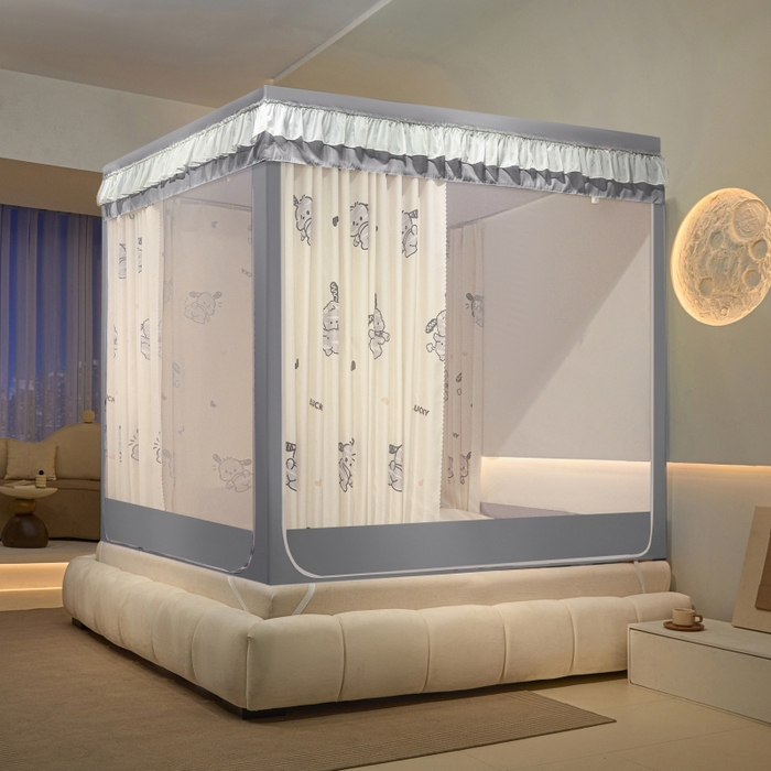 91家纺网 家纺一手货源 找家纺 博诺蚊帐 2025新款U型烤漆方顶坐床蚊帐 帕恰狗-灰