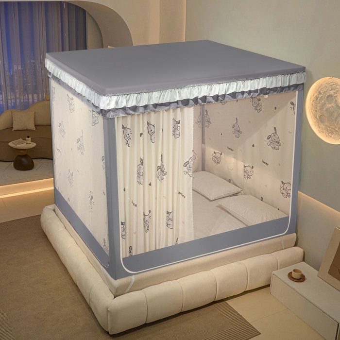 91家纺网 家纺一手货源 找家纺 博诺蚊帐 2025新款U型烤漆方顶坐床蚊帐 帕恰狗-灰