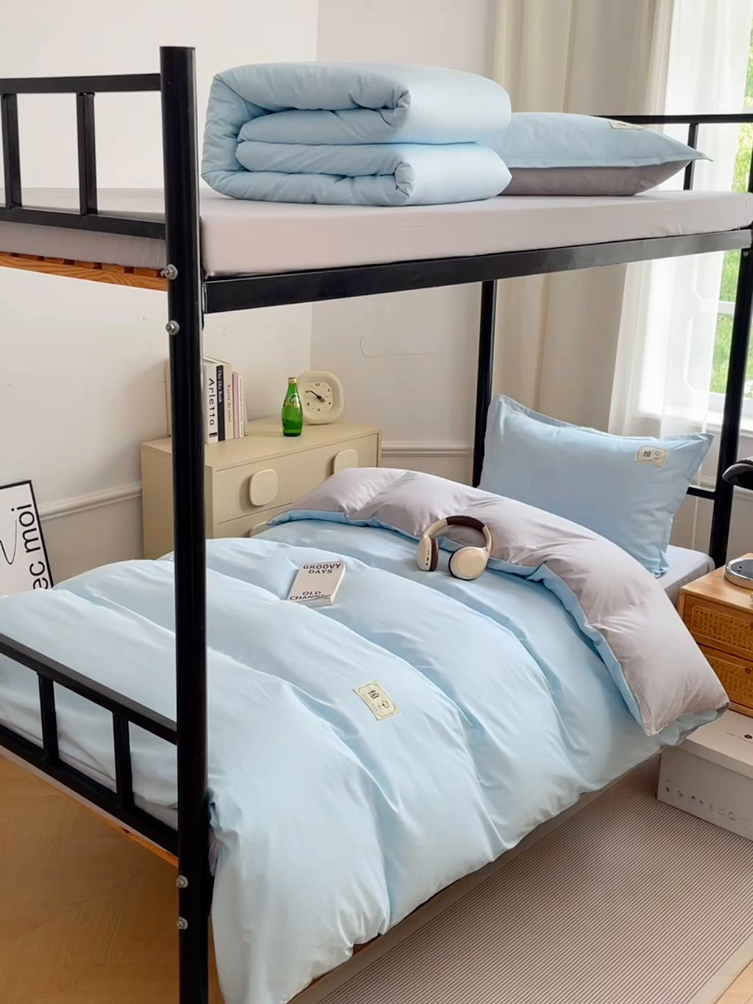 91家纺网 家纺一手货源 找家纺 锦润家纺2025新款13372全棉纯色双拼学生宿舍三件套六件套