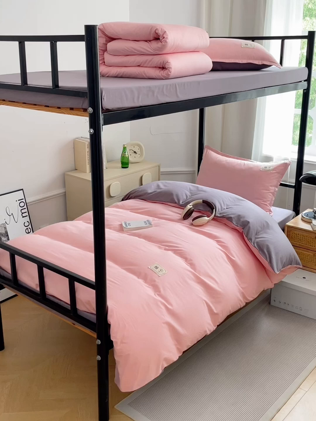 91家纺网 家纺一手货源 找家纺 锦润家纺2025新款13372全棉纯色双拼学生宿舍三件套六件套