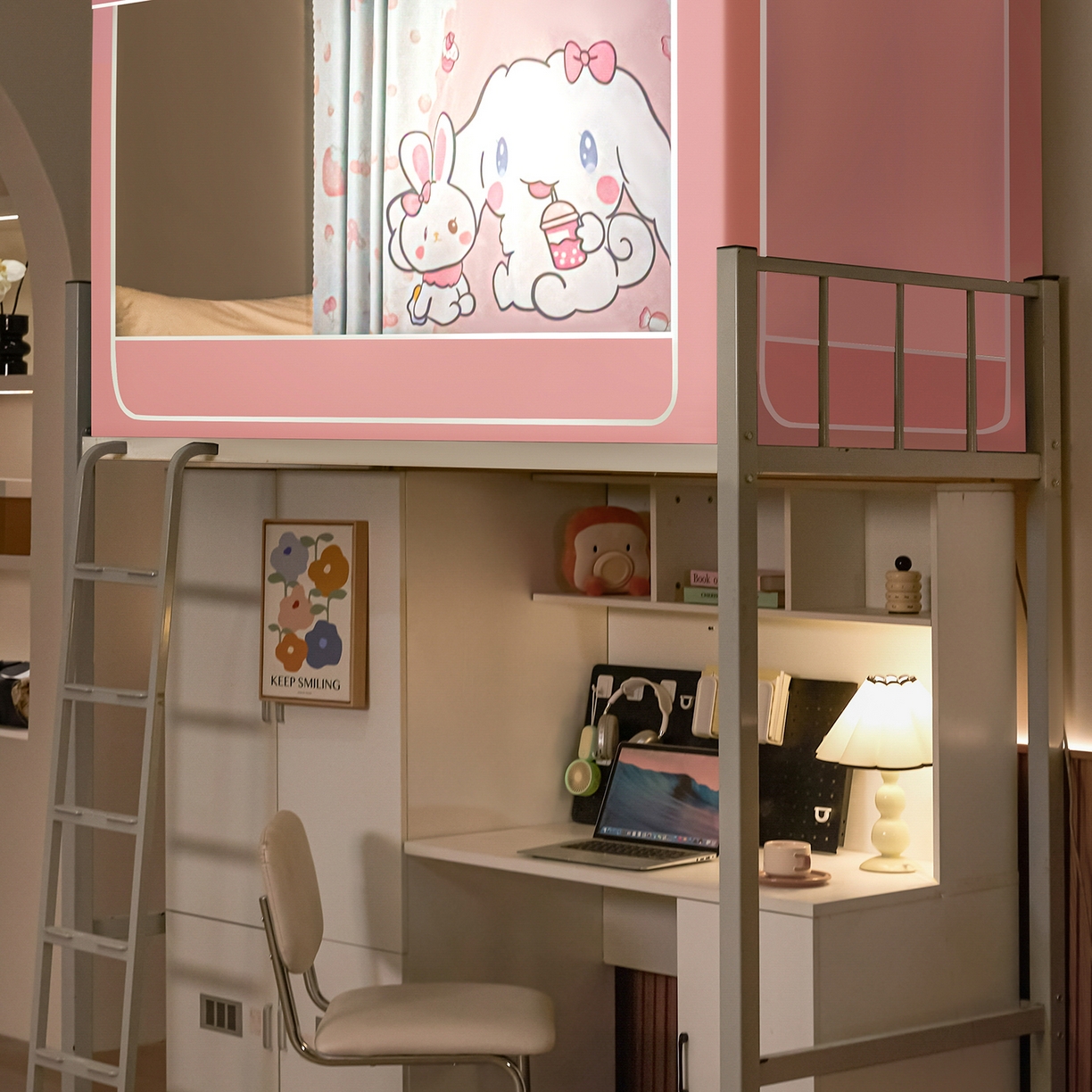 91家纺网 家纺一手货源 找家纺 博诺蚊帐 2025新款99%五面遮光加厚涂层遮光大版数码印花带靠墙帘卡通学生蚊帐 粉红小玉桂