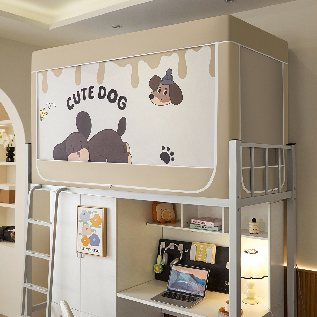 91家纺网 家纺一手货源 找家纺 博诺蚊帐 2025新款99%五面遮光加厚涂层遮光大版数码印花带靠墙帘卡通学生蚊帐 小熊懒洋洋