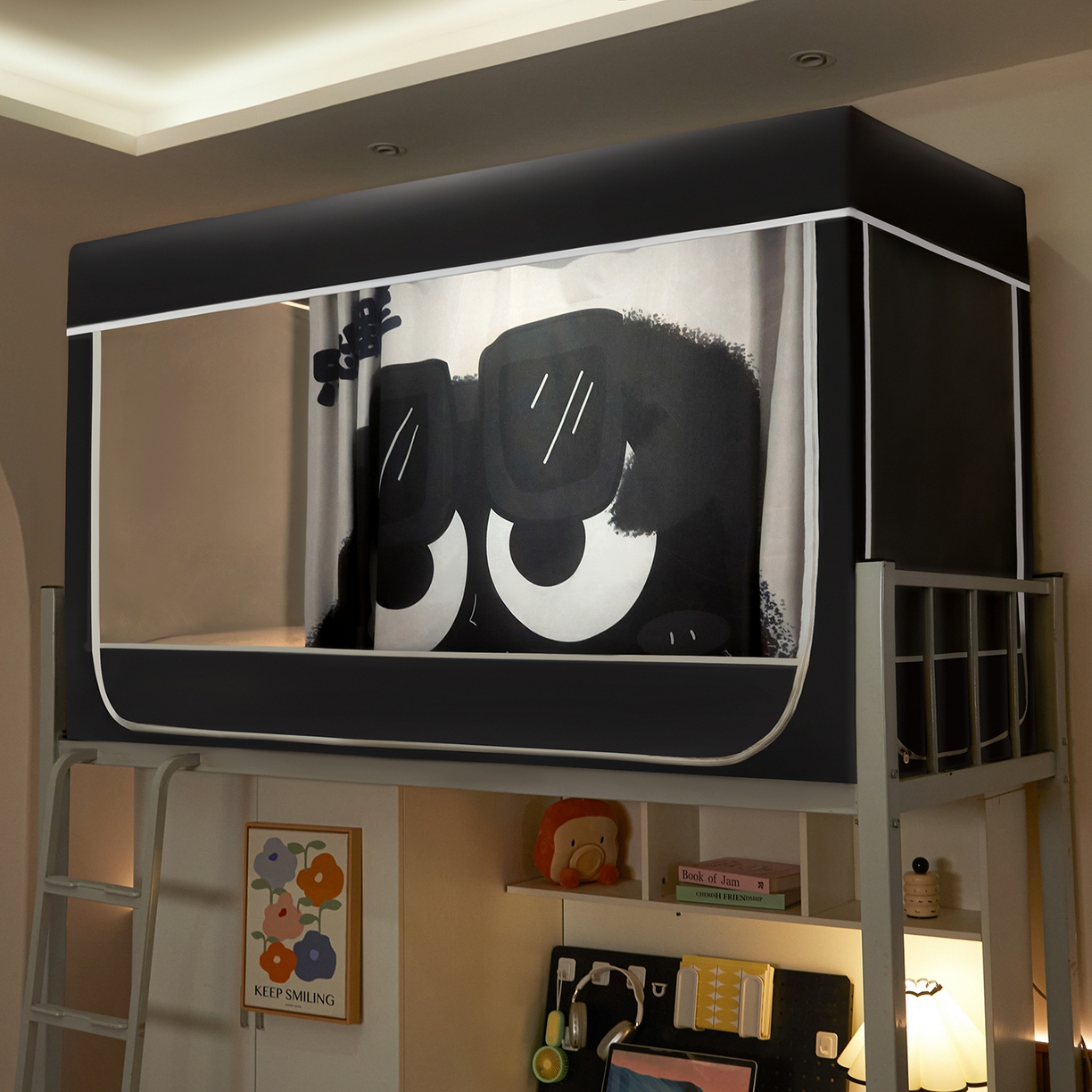 博诺蚊帐 2025新款99%五面遮光加厚涂层遮光大版数码印花带靠墙帘卡通学生蚊帐 摆烂芝麻球