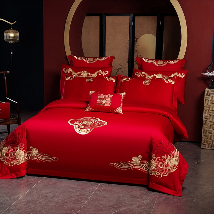 91家纺网 家纺一手货源 找家纺 用心 2025新款婚庆全棉刺绣四件套多件套系列 红装佳人