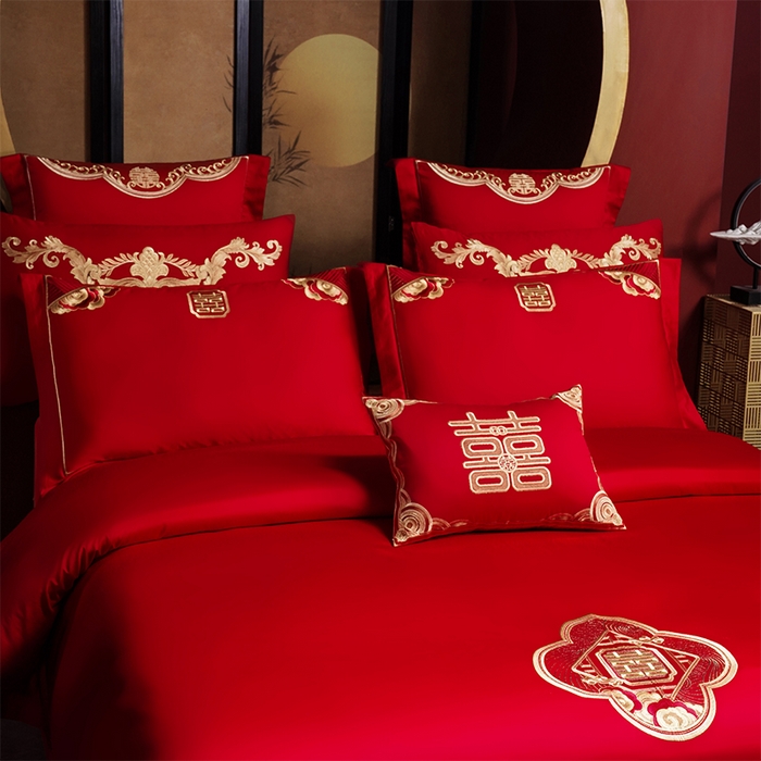 91家纺网 家纺一手货源 找家纺 用心 2025新款婚庆全棉刺绣四件套多件套系列 红装佳人