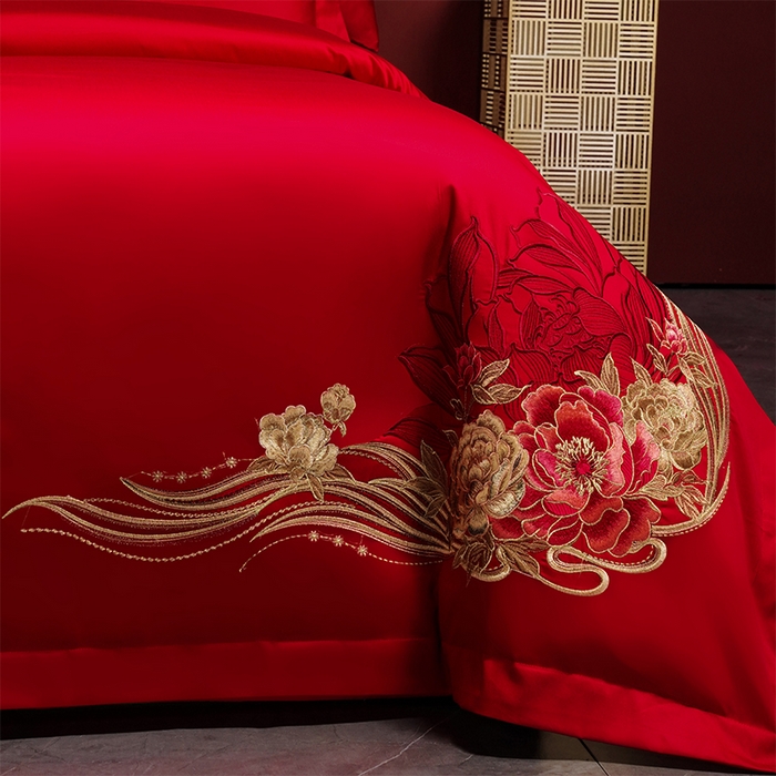 91家纺网 家纺一手货源 找家纺 用心 2025新款婚庆全棉刺绣四件套多件套系列 红装佳人