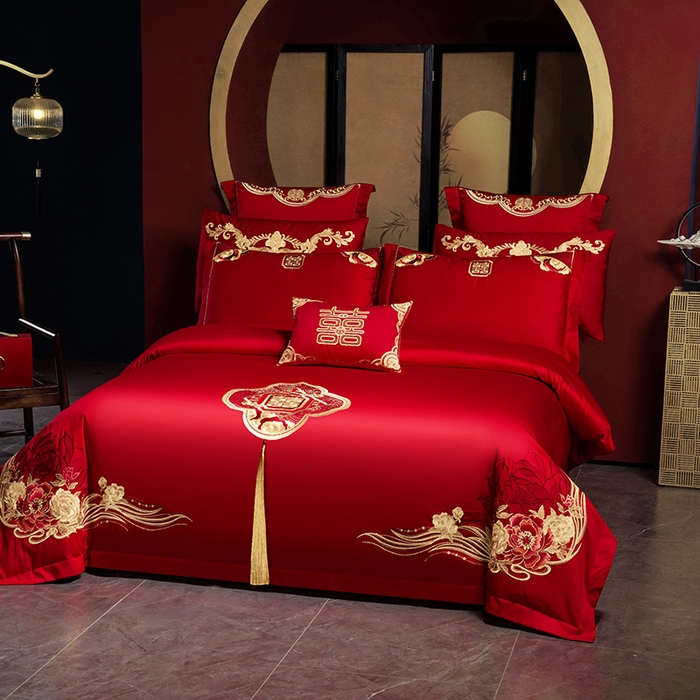 91家纺网 家纺一手货源 找家纺 用心 2025新款婚庆全棉刺绣四件套多件套系列 红装佳人