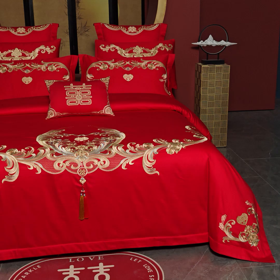 91家纺网 家纺一手货源 找家纺 用心 2025新款婚庆全棉刺绣四件套多件套系列 佳偶良缘