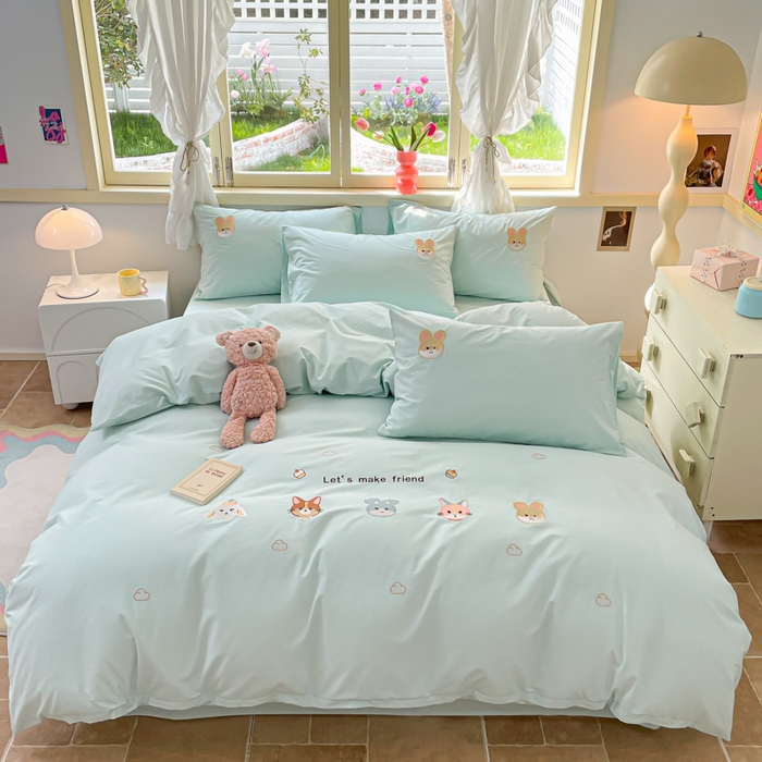 91家纺网 家纺一手货源 找家纺 （提供买家秀 爆款花型 不断货）2025新款全棉纯棉水洗棉毛巾绣贴布绣卡通四件套 森林伙伴