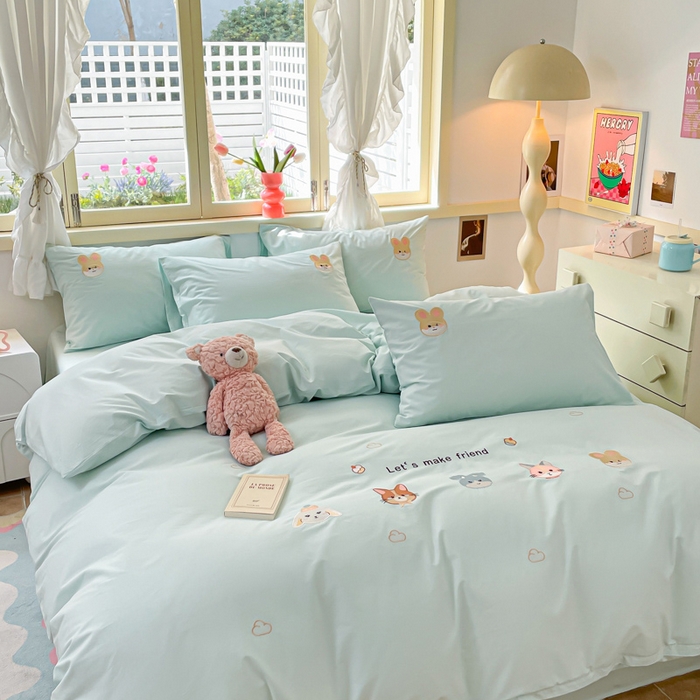 91家纺网 家纺一手货源 找家纺 （提供买家秀 爆款花型 不断货）2025新款全棉纯棉水洗棉毛巾绣贴布绣卡通四件套 森林伙伴