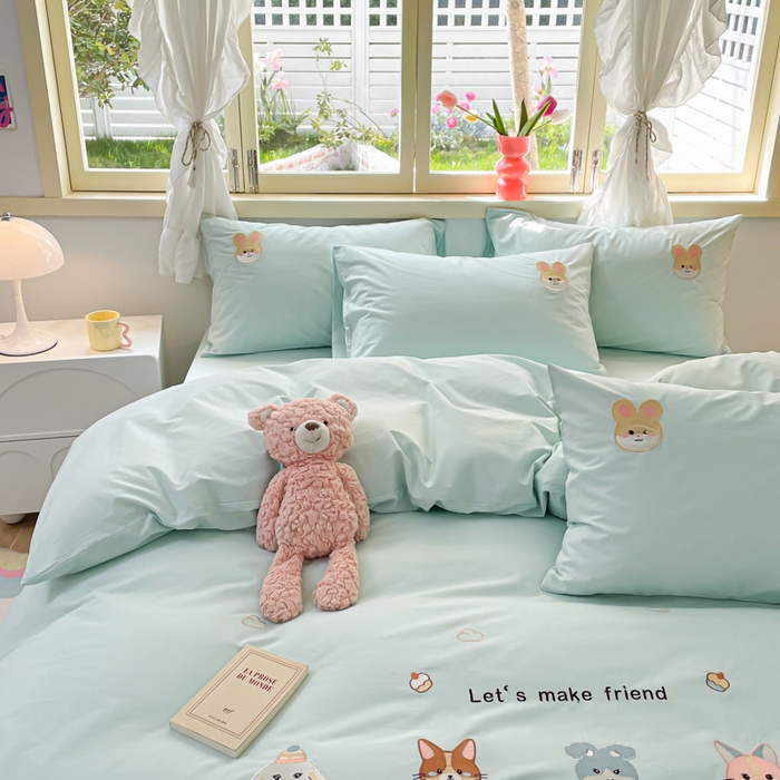 91家纺网 家纺一手货源 找家纺 （提供买家秀 爆款花型 不断货）2025新款全棉纯棉水洗棉毛巾绣贴布绣卡通四件套 森林伙伴