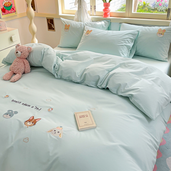 91家纺网 家纺一手货源 找家纺 （提供买家秀 爆款花型 不断货）2025新款全棉纯棉水洗棉毛巾绣贴布绣卡通四件套 森林伙伴