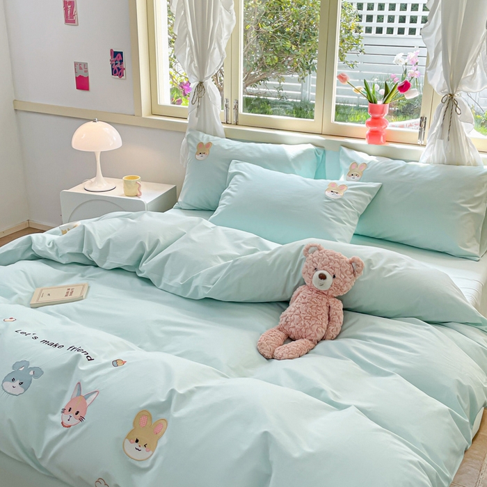 91家纺网 家纺一手货源 找家纺 （提供买家秀 爆款花型 不断货）2025新款全棉纯棉水洗棉毛巾绣贴布绣卡通四件套 森林伙伴