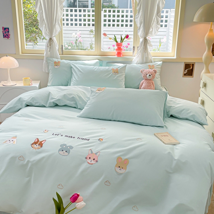 91家纺网 家纺一手货源 找家纺 （提供买家秀 爆款花型 不断货）2025新款全棉纯棉水洗棉毛巾绣贴布绣卡通四件套 森林伙伴