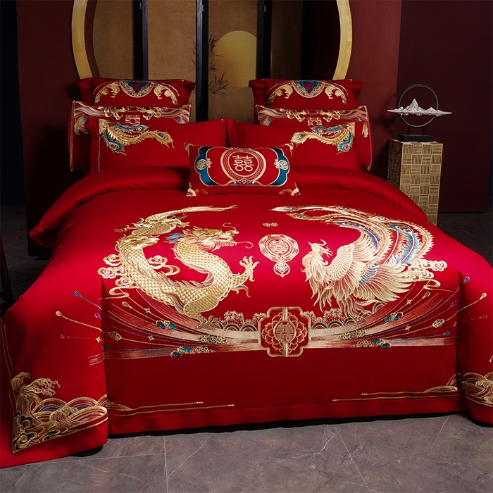 91家纺网 家纺一手货源 找家纺 用心 2025新款婚庆全棉刺绣四件套多件套系列 龙凤双喜