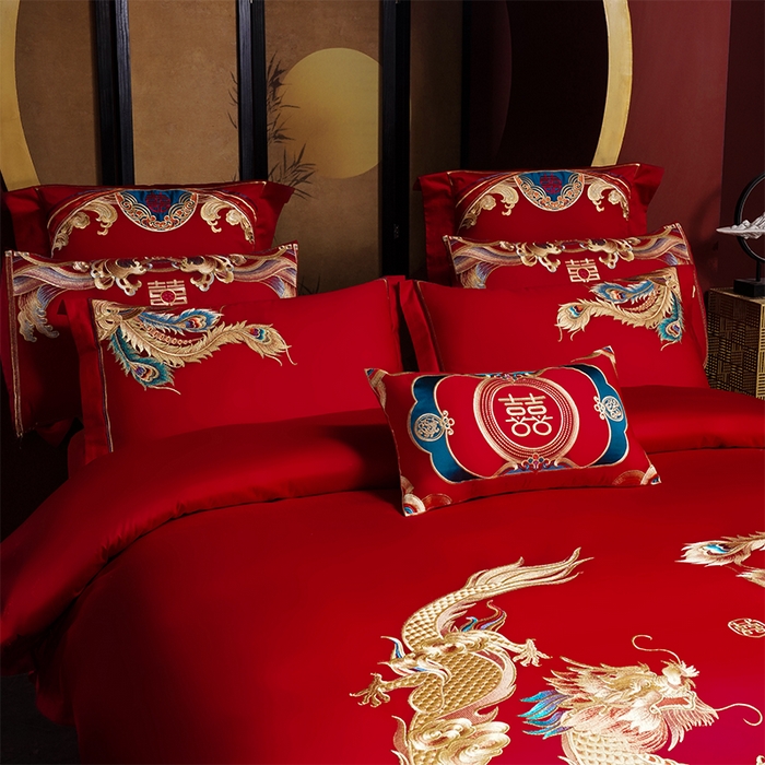 91家纺网 家纺一手货源 找家纺 用心 2025新款婚庆全棉刺绣四件套多件套系列 龙凤双喜