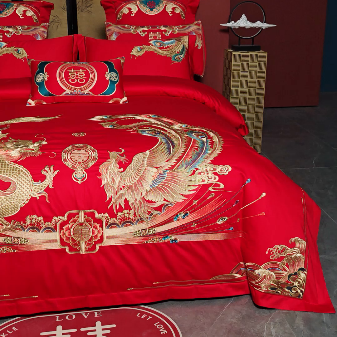 91家纺网 家纺一手货源 找家纺 用心 2025新款婚庆全棉刺绣四件套多件套系列 龙凤双喜