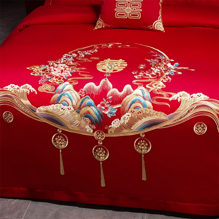 91家纺网 家纺一手货源 找家纺 用心 2024新款婚庆全棉刺绣四件套多件套 喜事连绵