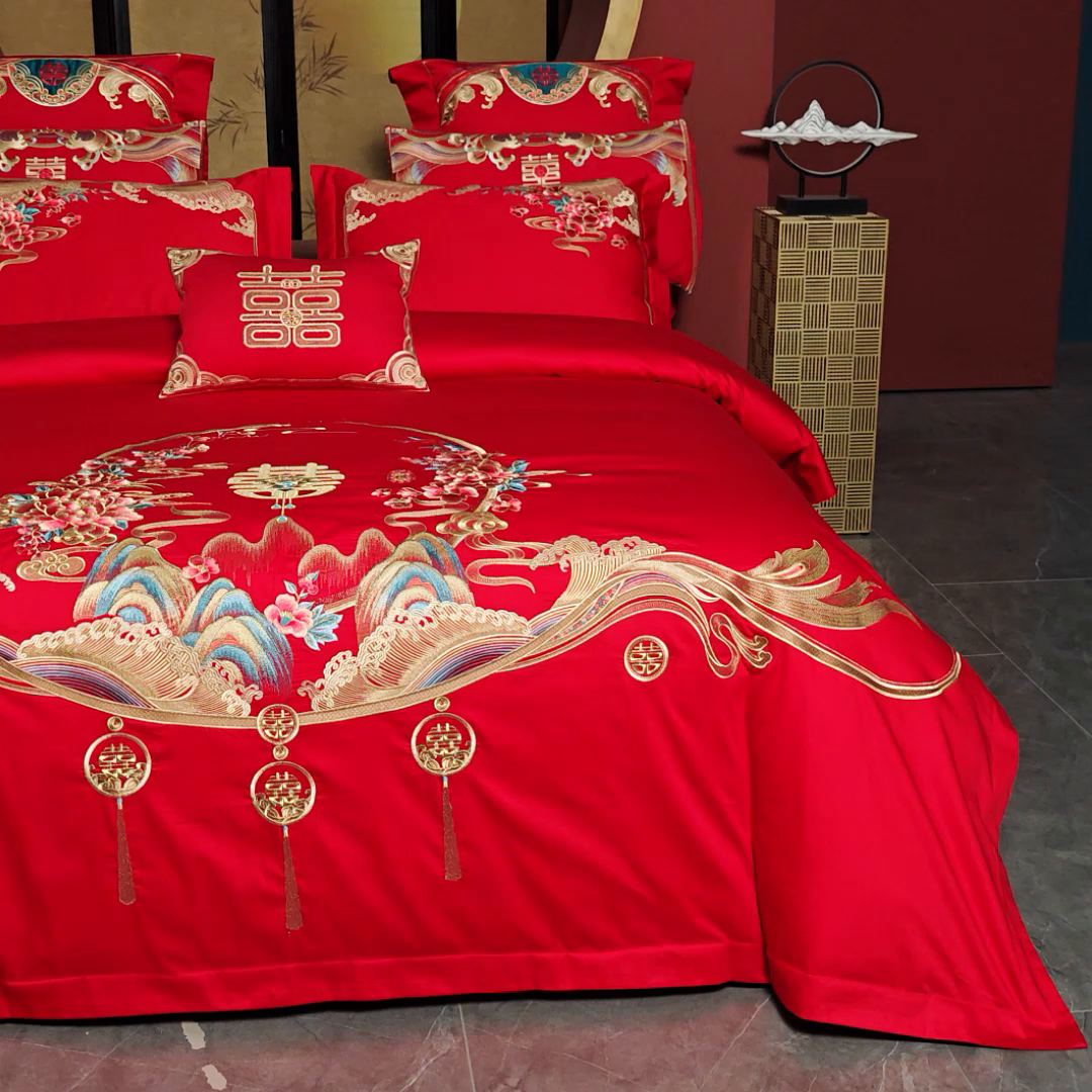 91家纺网 家纺一手货源 找家纺 用心 2024新款婚庆全棉刺绣四件套多件套 喜事连绵