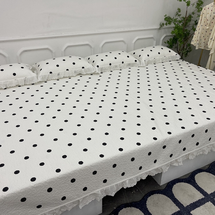 禧瑞谷 2025新款全棉纯棉双层花边绗缝夹棉榻榻米支持定制农村大炕盖 白底波点
