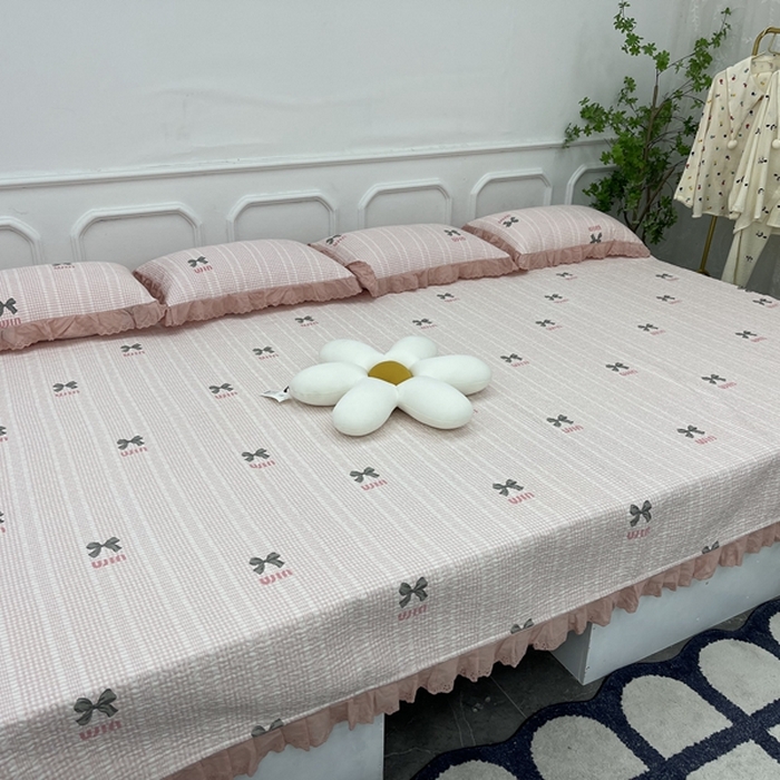 91家纺网 家纺一手货源 找家纺 禧瑞谷 2025新款全棉纯棉双层花边绗缝夹棉榻榻米支持定制农村大炕盖 谬格子蝴蝶结