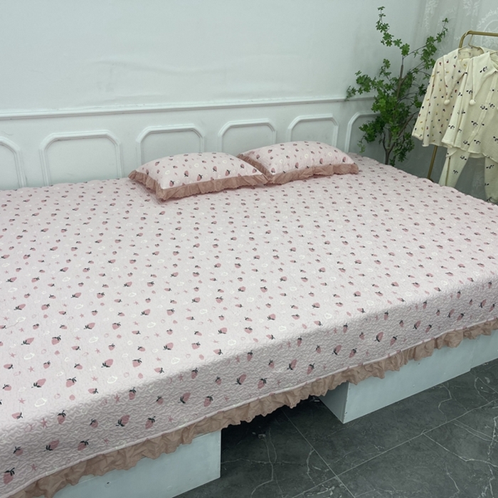 禧瑞谷 2025新款全棉纯棉双层花边绗缝夹棉榻榻米支持定制农村大炕盖 粉底草莓