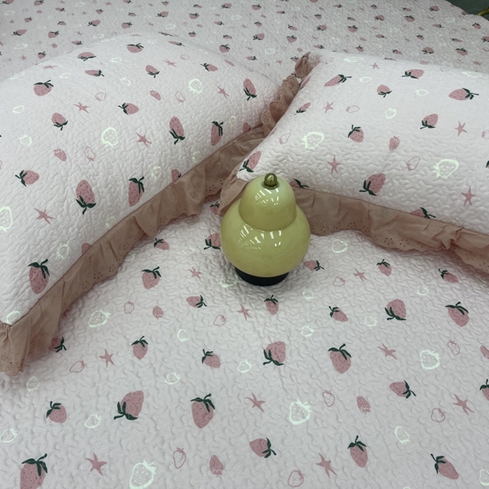 91家纺网 家纺一手货源 找家纺 禧瑞谷 2025新款全棉纯棉双层花边绗缝夹棉榻榻米支持定制农村大炕盖 粉底草莓